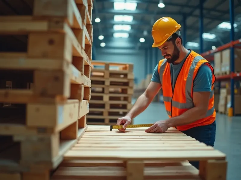 worker checking wooden pallet sizes to match operational needs