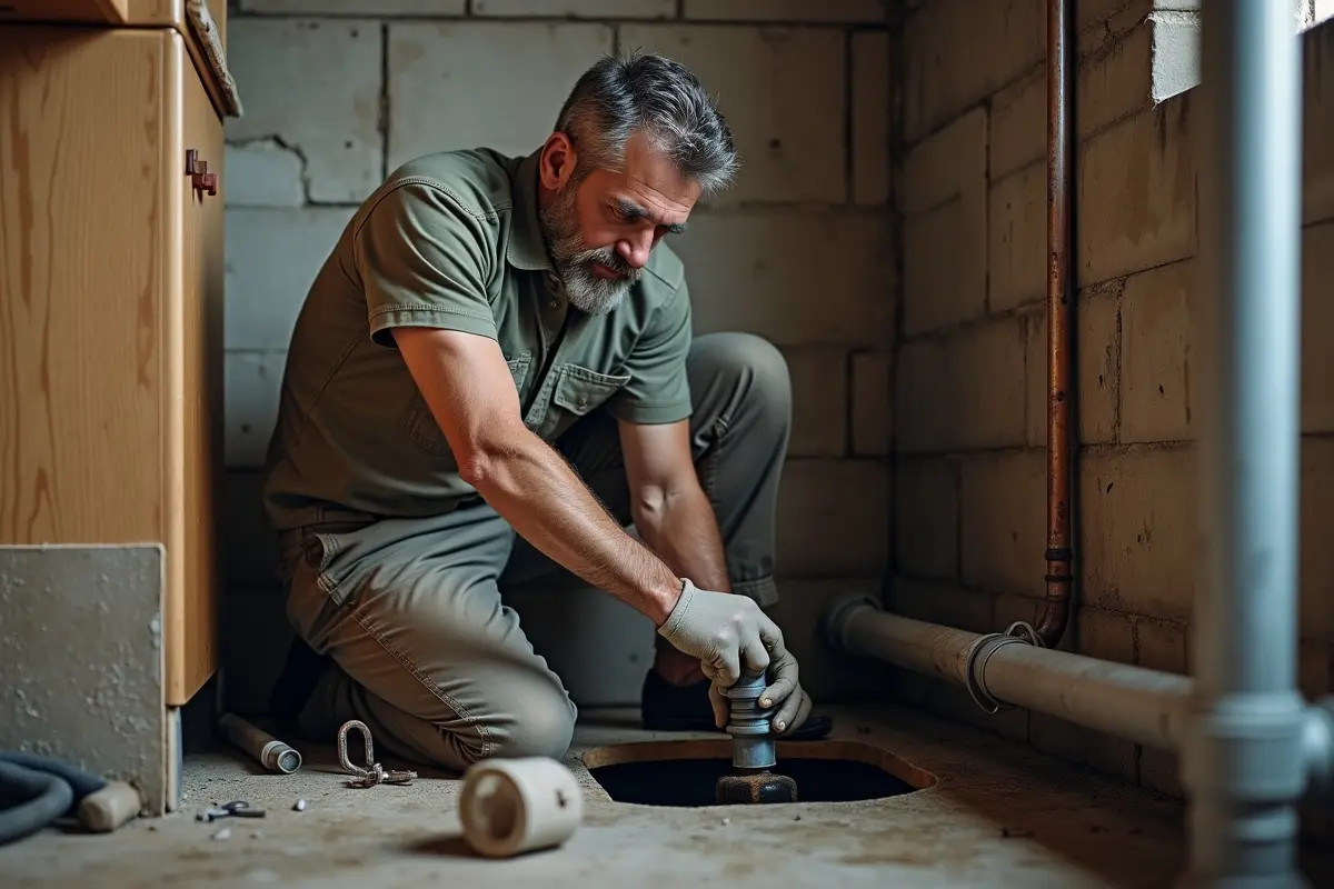 homeowner resolving clogged drain issue deep inside plumbing pipe