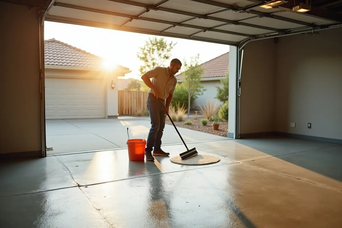 homeowner cleaning garage floors efficiently using simple practical steps