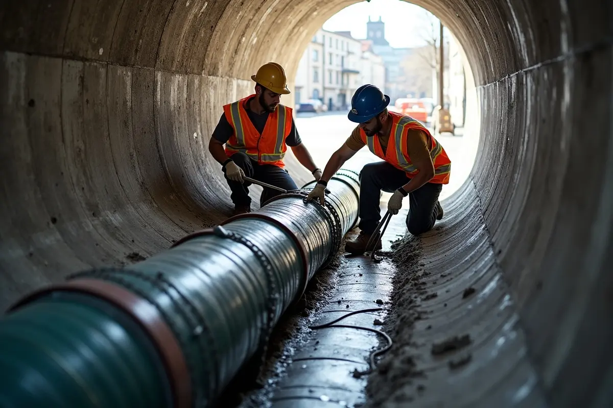 workers installing sewer pipe lining to reduce environmental disruption